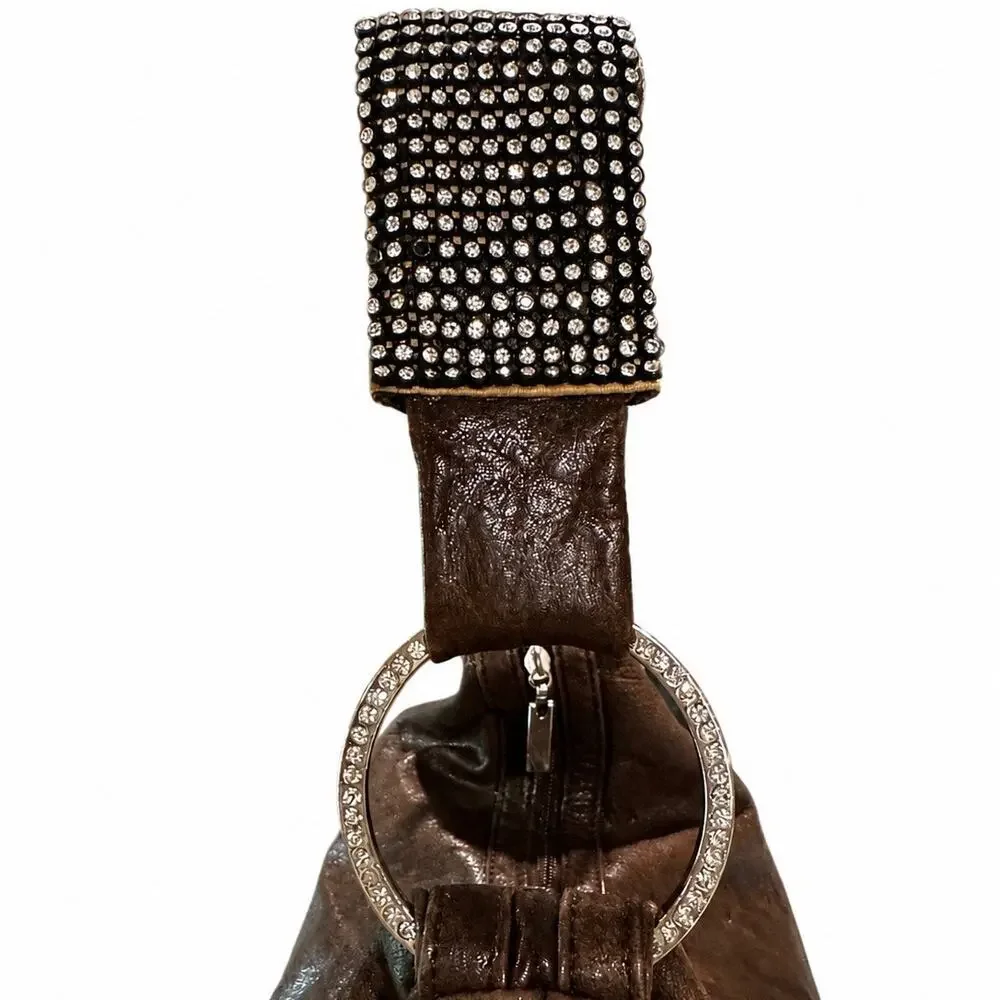 Y2K DXtouch Italy Chocolate Brown Leather Crescent Hobo Rhinestone Strap
